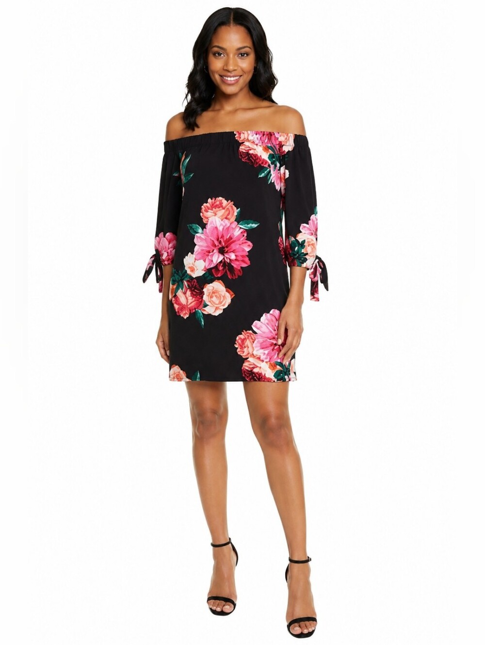 Eliza J  Women's Floral Bold Flower Print Tunic Dress Off Shoulders Black Size 6